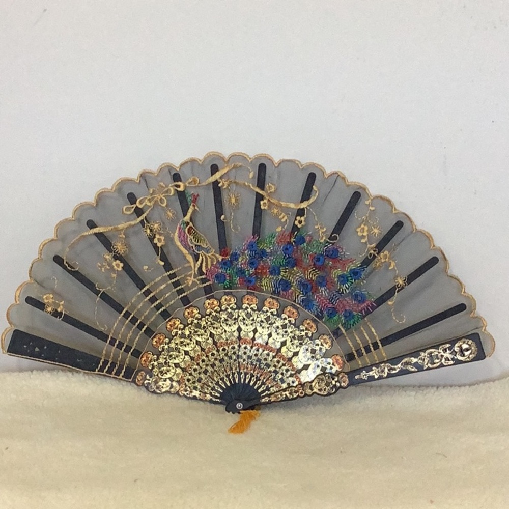 Vintage Asian Embroidered Colorful Peacock Hand Fan with Gold Accents